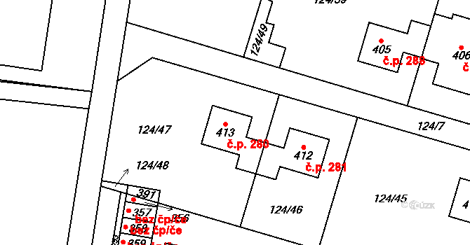 Měšice 280 na parcele st. 413 v KÚ Měšice u Prahy, Katastrální mapa