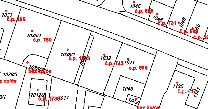 Švermov 743, Kladno na parcele st. 1039/1 v KÚ Motyčín, Katastrální mapa