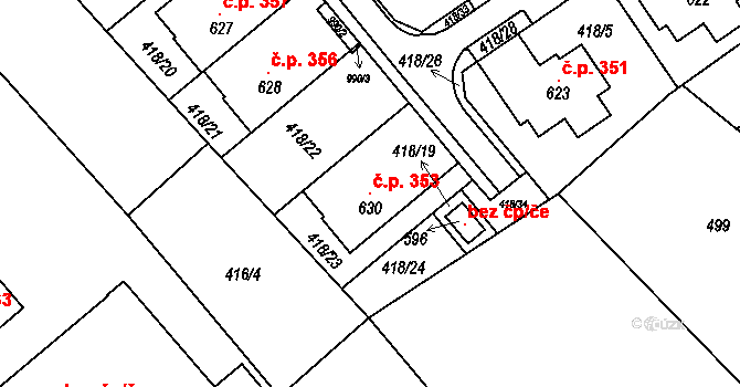 Račice 353, Račice-Pístovice na parcele st. 630 v KÚ Račice, Katastrální mapa