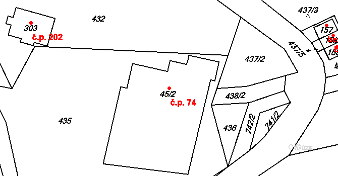Benecko 74 na parcele st. 45/2 v KÚ Benecko, Katastrální mapa