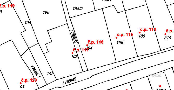 Dolní Bousov 116 na parcele st. 104 v KÚ Dolní Bousov, Katastrální mapa