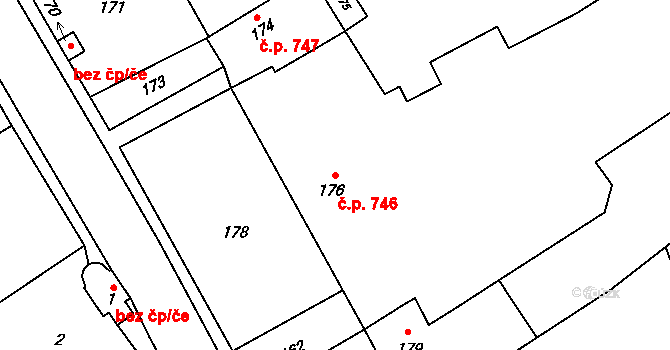 Březce 746, Štěpánov na parcele st. 176 v KÚ Březce, Katastrální mapa