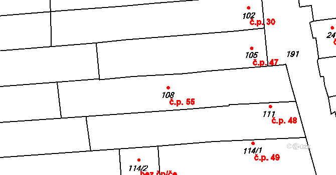 Strukov 55 na parcele st. 108 v KÚ Strukov, Katastrální mapa