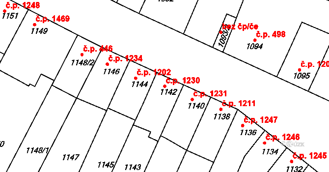 Roudnice nad Labem 1230 na parcele st. 1142 v KÚ Roudnice nad Labem, Katastrální mapa