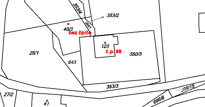 Bradlecká Lhota 88 na parcele st. 123 v KÚ Bradlecká Lhota, Katastrální mapa