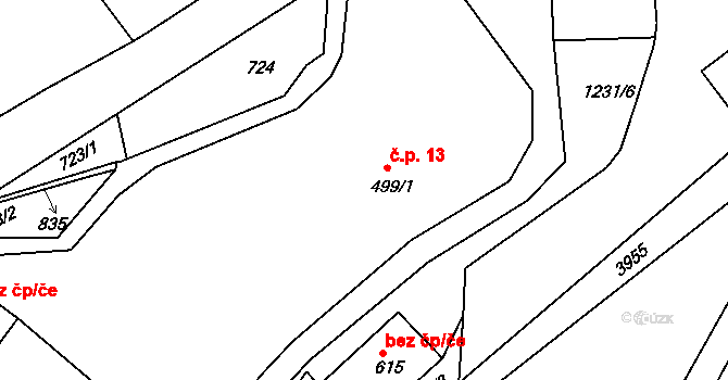 Buřany 13, Jablonec nad Jizerou na parcele st. 499/1 v KÚ Buřany, Katastrální mapa