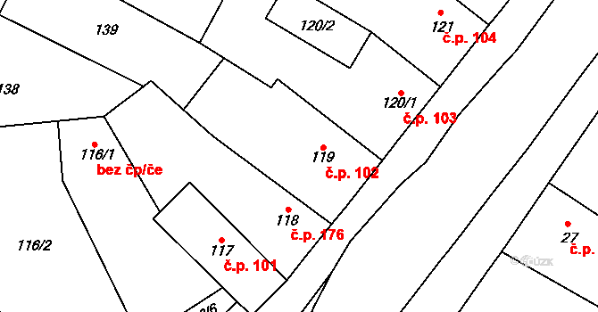 Smidary 102 na parcele st. 119 v KÚ Smidary, Katastrální mapa