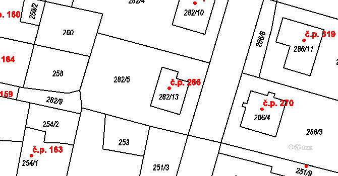 Semice 266 na parcele st. 282/13 v KÚ Semice nad Labem, Katastrální mapa