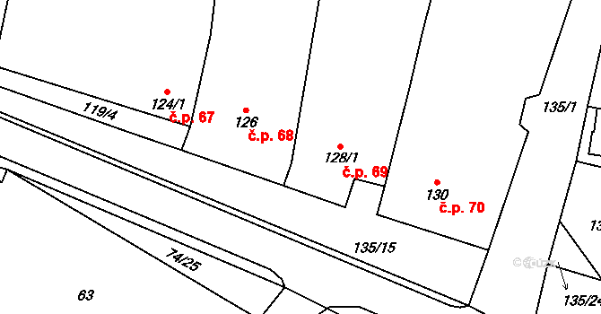 Chvalovice 69 na parcele st. 128/1 v KÚ Chvalovice, Katastrální mapa