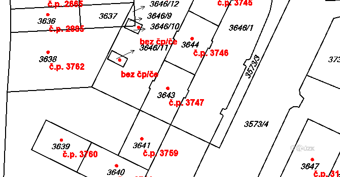 Židenice 3747, Brno na parcele st. 3643 v KÚ Židenice, Katastrální mapa