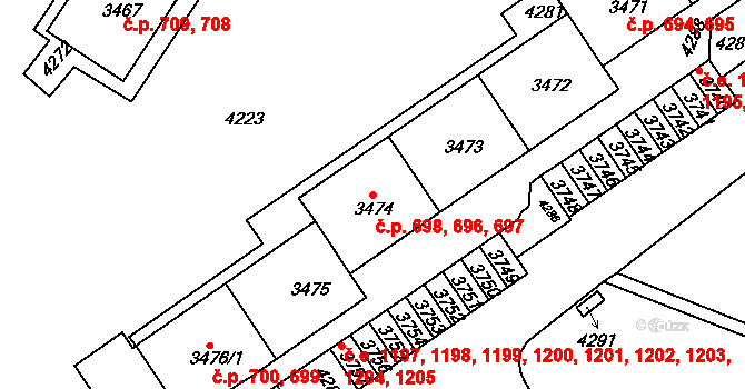 Komín 696,697,698, Brno na parcele st. 3472 v KÚ Komín, Katastrální mapa