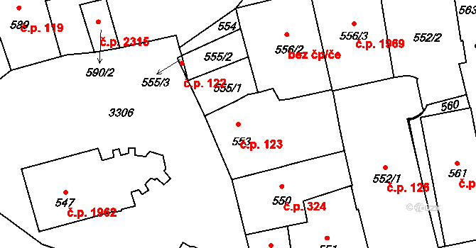 Pelhřimov 123 na parcele st. 553 v KÚ Pelhřimov, Katastrální mapa