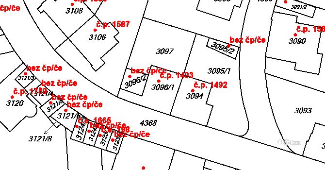 Teplice 1493 na parcele st. 3096/1 v KÚ Teplice, Katastrální mapa