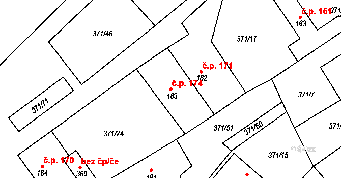 Praskolesy 174 na parcele st. 183 v KÚ Praskolesy, Katastrální mapa