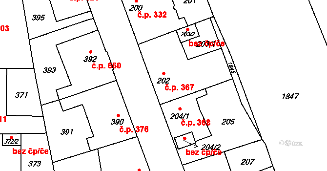 Uhříněves 367, Praha na parcele st. 202 v KÚ Uhříněves, Katastrální mapa