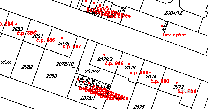 Střešovice 996, Praha na parcele st. 2078/3 v KÚ Střešovice, Katastrální mapa