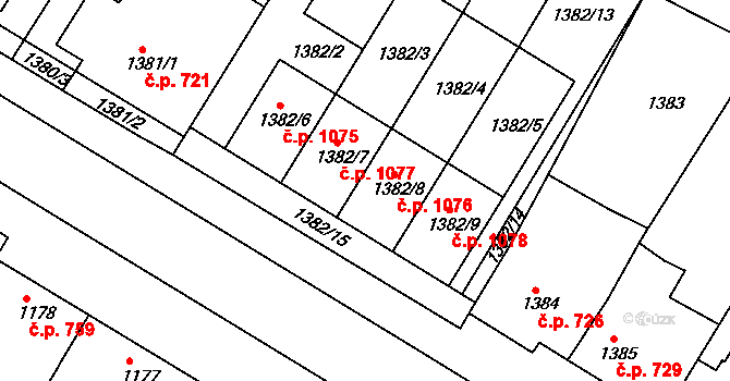 Mutěnice 1076 na parcele st. 1382/8 v KÚ Mutěnice, Katastrální mapa