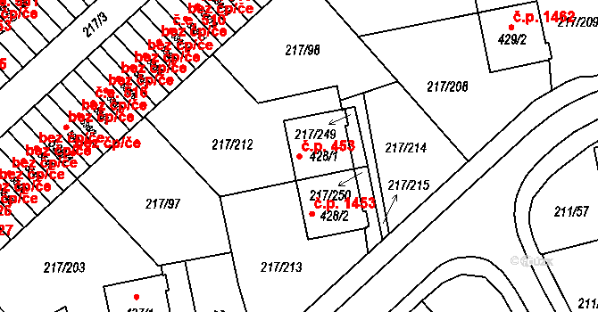Sezimovo Ústí 453 na parcele st. 428/1 v KÚ Sezimovo Ústí, Katastrální mapa