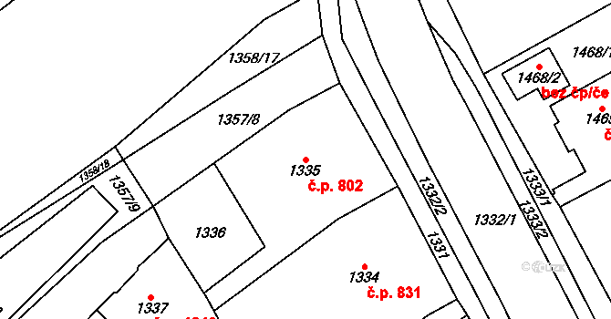 Chomutov 802 na parcele st. 1335 v KÚ Chomutov I, Katastrální mapa