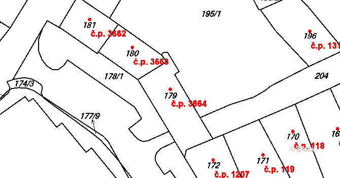 Chomutov 3664 na parcele st. 179 v KÚ Chomutov I, Katastrální mapa