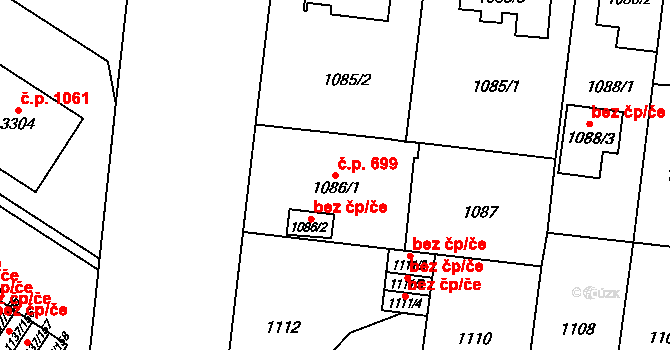 Bolevec 699, Plzeň na parcele st. 1086/1 v KÚ Bolevec, Katastrální mapa