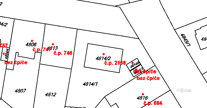 Východní Předměstí 2168, Plzeň na parcele st. 4814/2 v KÚ Plzeň, Katastrální mapa