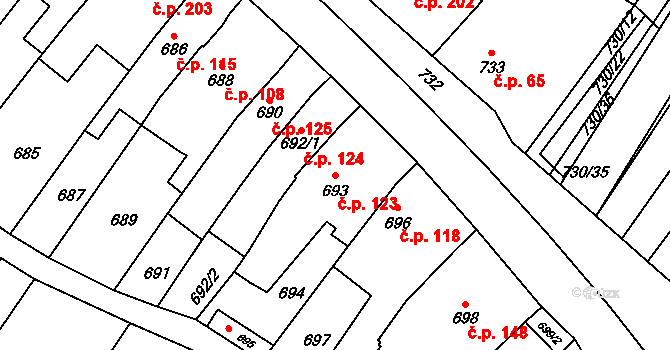 Silůvky 123 na parcele st. 693 v KÚ Silůvky, Katastrální mapa