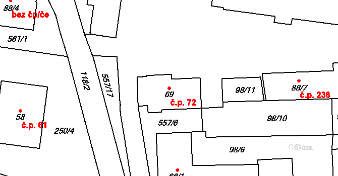 Kerhartice 72, Ústí nad Orlicí na parcele st. 69 v KÚ Kerhartice nad Orlicí, Katastrální mapa
