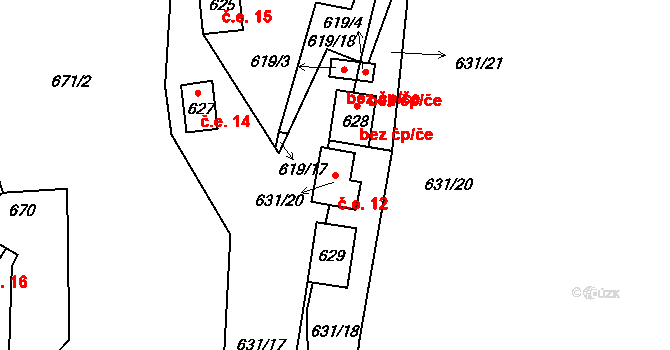 Čelkovice 12, Tábor na parcele st. 631/20 v KÚ Čelkovice, Katastrální mapa