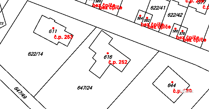 Kunice 252 na parcele st. 616 v KÚ Kunice u Říčan, Katastrální mapa