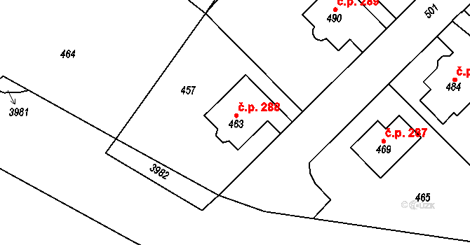 Medlov 288 na parcele st. 463 v KÚ Medlov u Uničova, Katastrální mapa