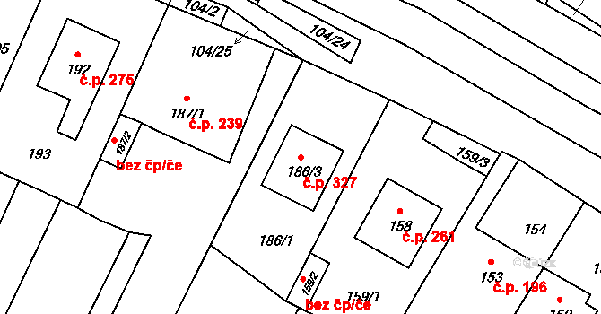 Rychlov 327, Bystřice pod Hostýnem na parcele st. 186/3 v KÚ Rychlov u Bystřice pod Hostýnem, Katastrální mapa