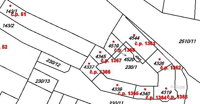 Kyjov 1367 na parcele st. 4345 v KÚ Kyjov, Katastrální mapa