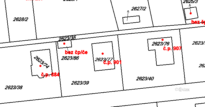 Planá nad Lužnicí 901 na parcele st. 2623/77 v KÚ Planá nad Lužnicí, Katastrální mapa