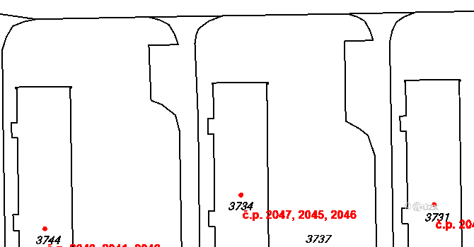 Žďár nad Sázavou 4 2045,2046,2047, Žďár nad Sázavou na parcele st. 3734 v KÚ Město Žďár, Katastrální mapa