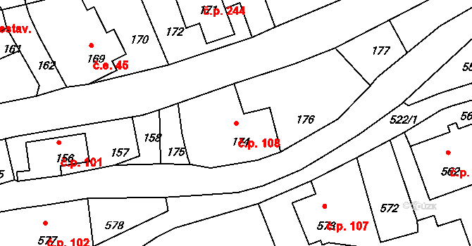 Dolní Chřibská 108, Chřibská na parcele st. 174 v KÚ Dolní Chřibská, Katastrální mapa