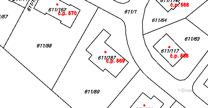 Srubec 569 na parcele st. 611/187 v KÚ Srubec, Katastrální mapa