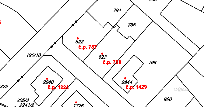 Neratovice 758 na parcele st. 823 v KÚ Neratovice, Katastrální mapa