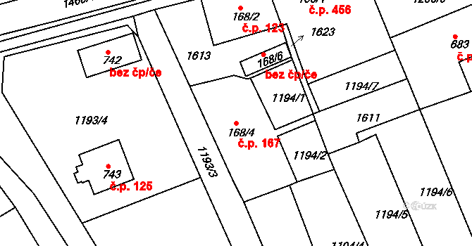 Dobřív 167 na parcele st. 168/4 v KÚ Dobřív, Katastrální mapa