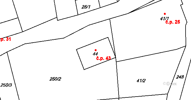 Chrančovice 43, Všeruby na parcele st. 44 v KÚ Chrančovice, Katastrální mapa
