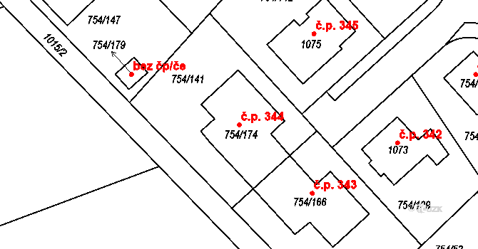Radslavice 344 na parcele st. 754/174 v KÚ Radslavice u Přerova, Katastrální mapa