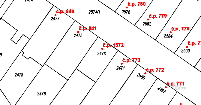 Hluk 1572 na parcele st. 2473 v KÚ Hluk, Katastrální mapa
