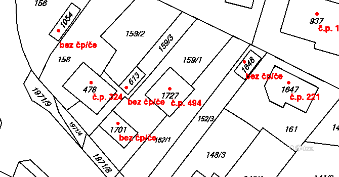 Rokytnice 494, Vsetín na parcele st. 1727 v KÚ Rokytnice u Vsetína, Katastrální mapa