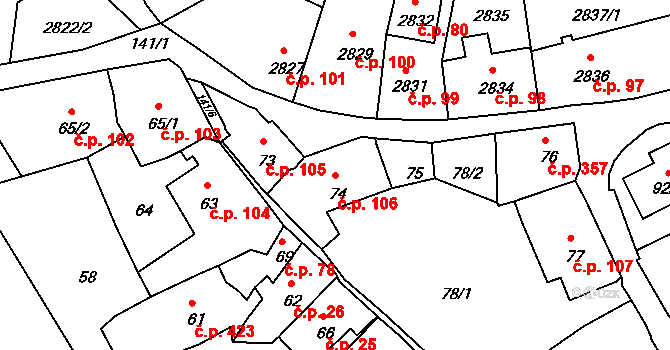 Štramberk 106 na parcele st. 74 v KÚ Štramberk, Katastrální mapa