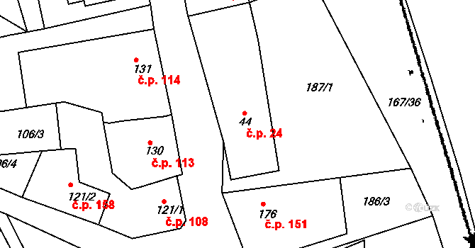 Krušovice 24 na parcele st. 44 v KÚ Krušovice, Katastrální mapa
