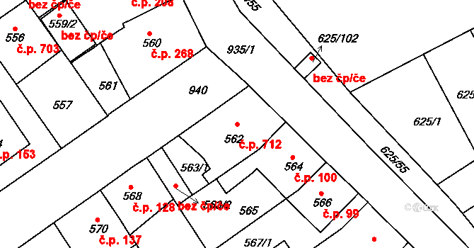 Malešice 712, Praha na parcele st. 562 v KÚ Malešice, Katastrální mapa