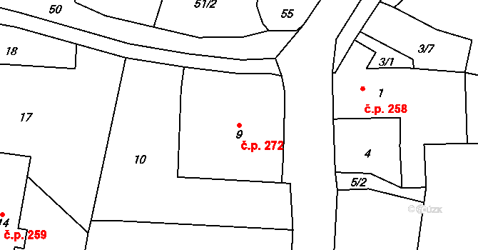 Velké Březno 272 na parcele st. 9 v KÚ Vítov u Velkého Března, Katastrální mapa