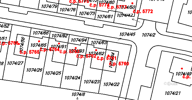 Jihlava 5761 na parcele st. 1074/62 v KÚ Jihlava, Katastrální mapa