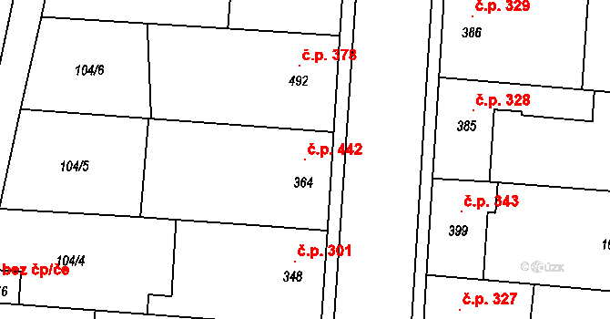 Brumovice 442 na parcele st. 364 v KÚ Brumovice, Katastrální mapa