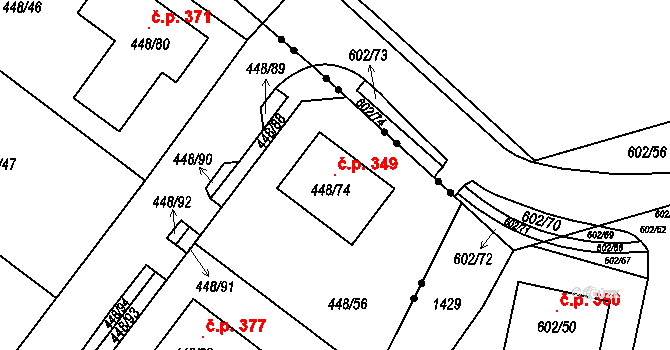 Mstišov 349, Dubí na parcele st. 448/74 v KÚ Mstišov, Katastrální mapa